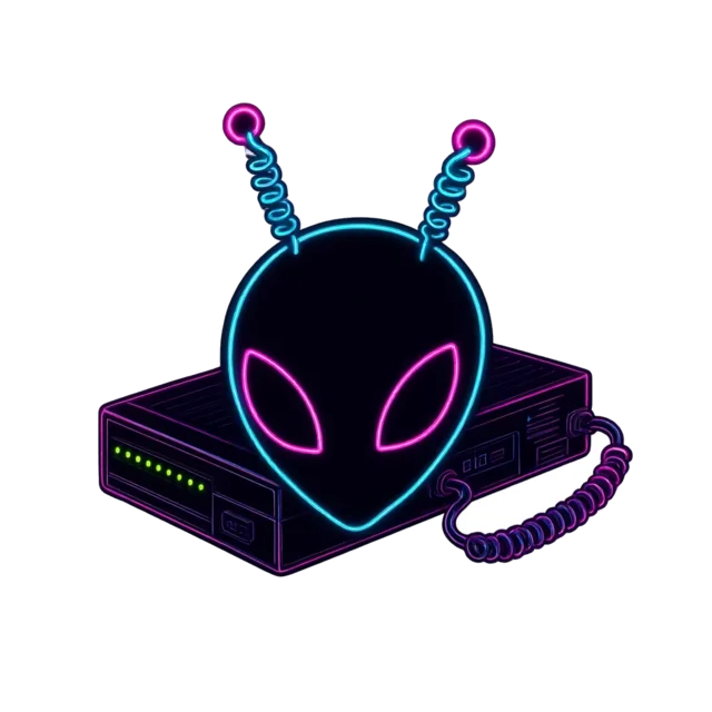 Webster Byte, the modem alien, with phone-cord antennae